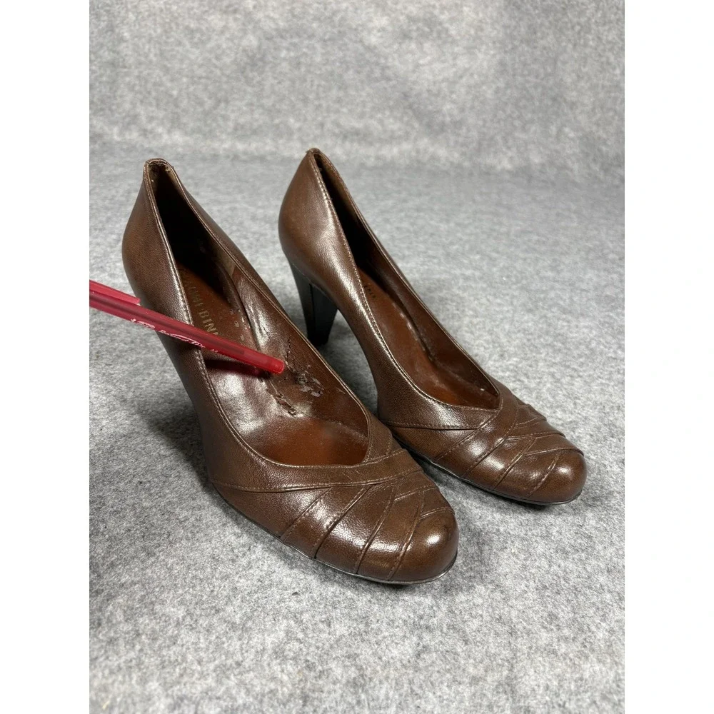 Gianni Bini Leather Round Toe Pumps 7.5M Brown‎ Pleated Detail Heel